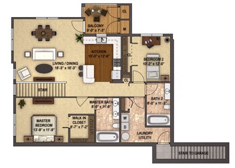 Floor plan for 2 beds, 2 baths, 1383 sqft